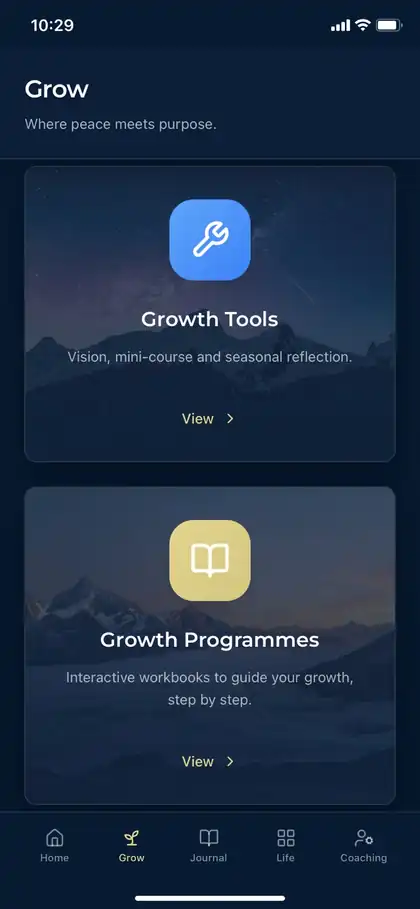 House Of Order Grow screen with Growth Tools and Growth Programmes